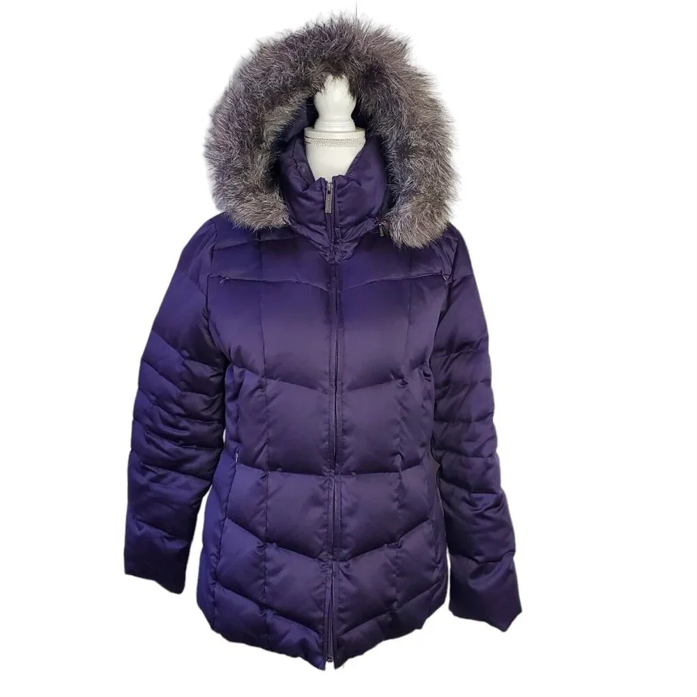 Calvin Klein Womens Down Puffer Coat L Purple Gray Faux Fur Trim Removable Hood - Picture 2 of 16